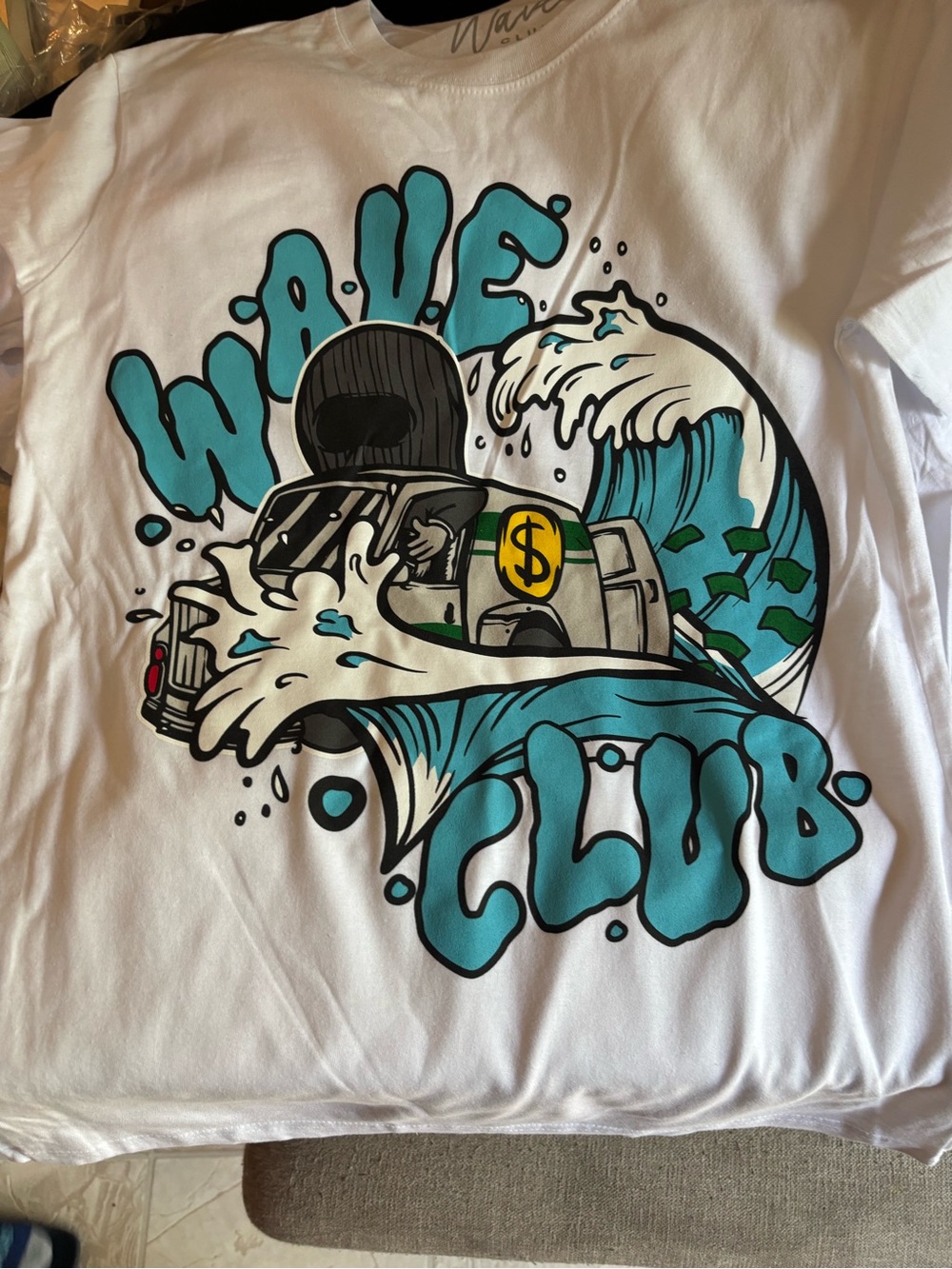 Wave Club Graphic Tee - White with Teal & Black Print